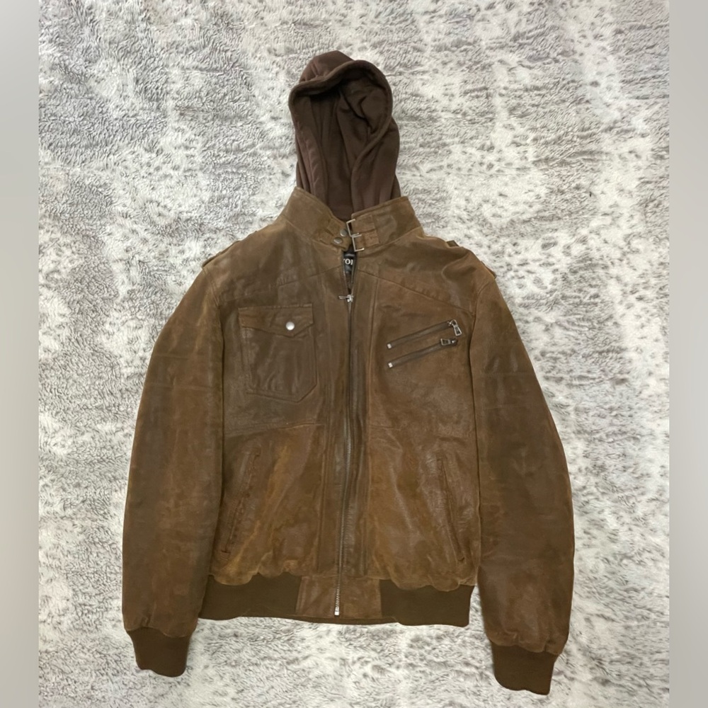 Men's Brown Hooded Leather Jacket